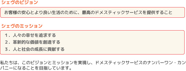 シェヴのビジョンは、「お客様の安心とより良い生活のために、最高のドメスティックサービスを提供することです。